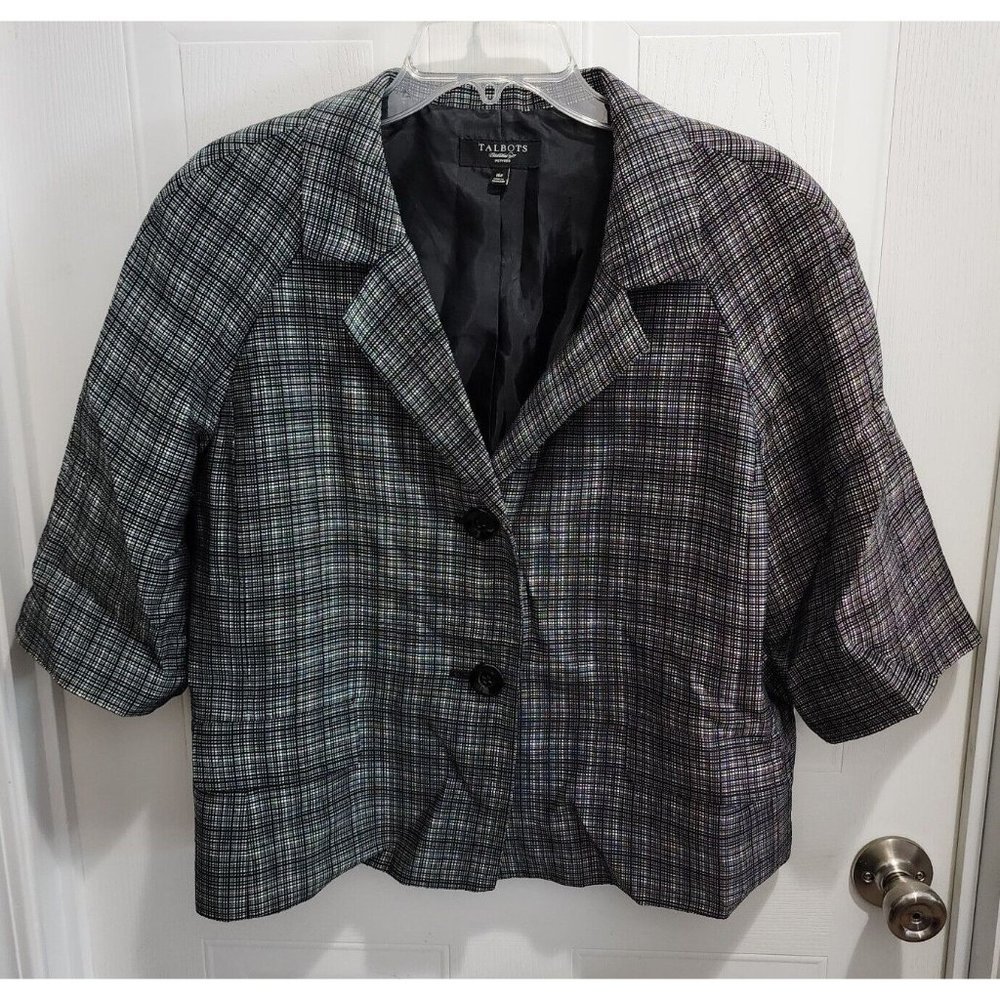 Talbots Women's 3/4 Sleeve Blazer Jacket Plaid Linen Blend Lined Sz 16P‎ Petite
